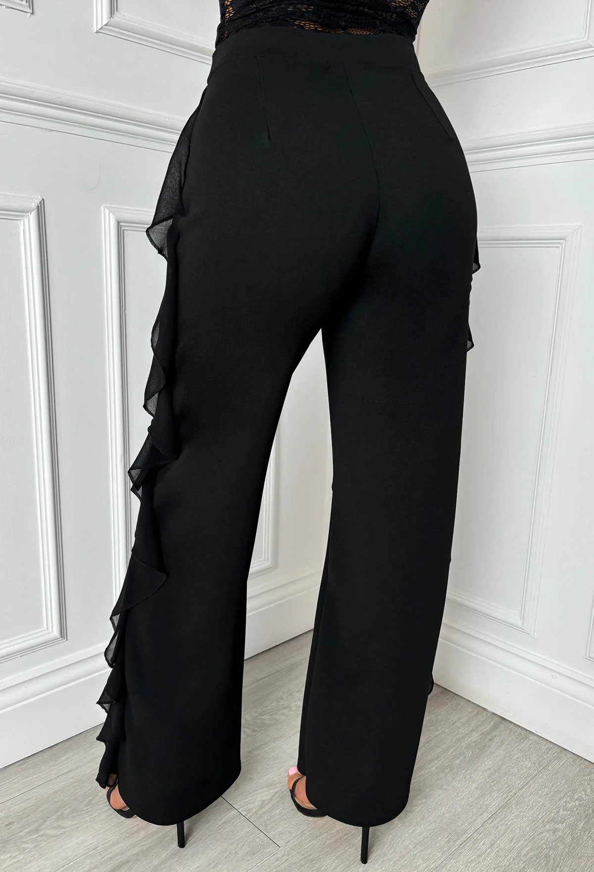 Luxe Divine Black Ruffle Stretch Trousers - Image 3