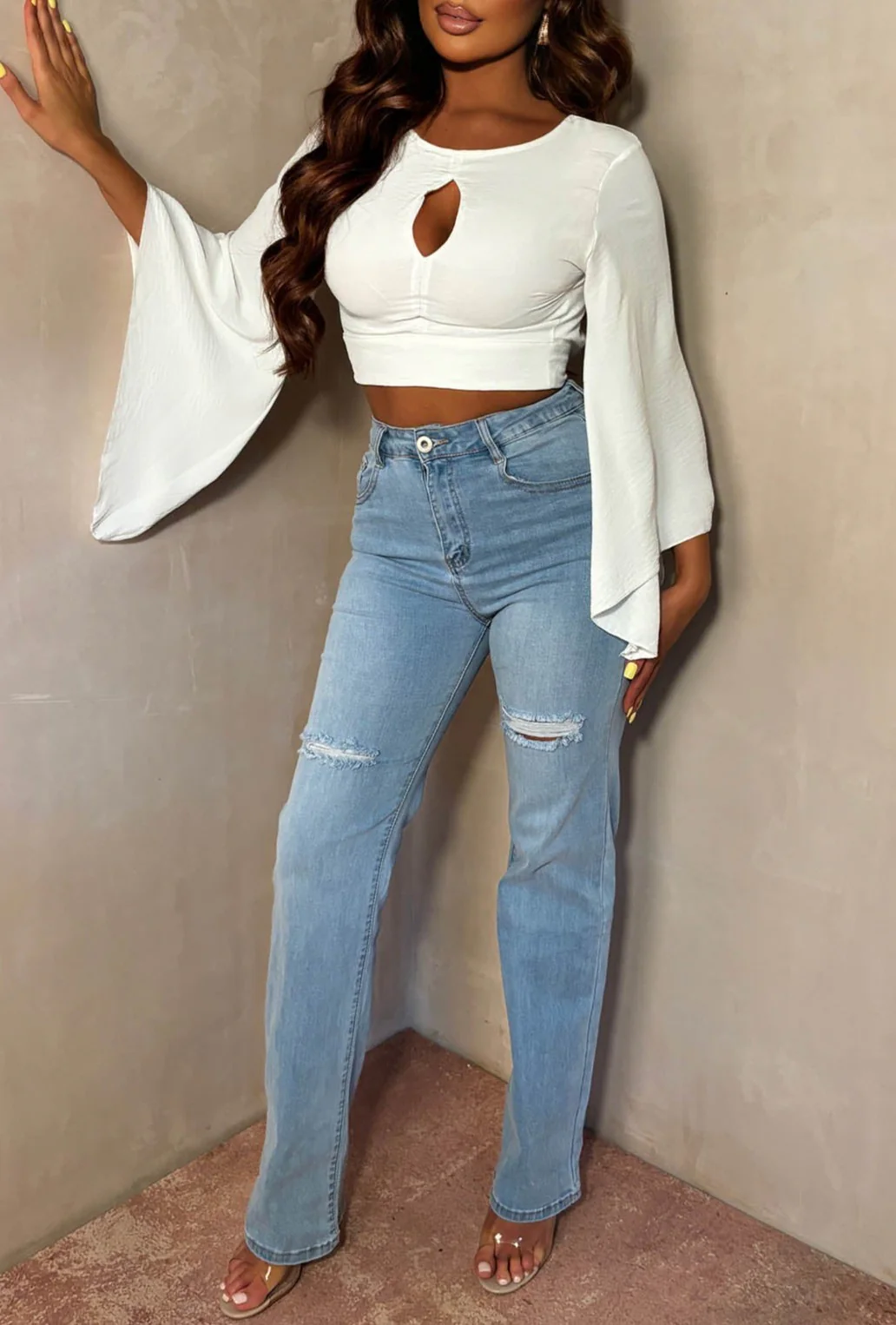 Luxe Haven White Flared Sleeve Key Hole Crop Top - Image 3
