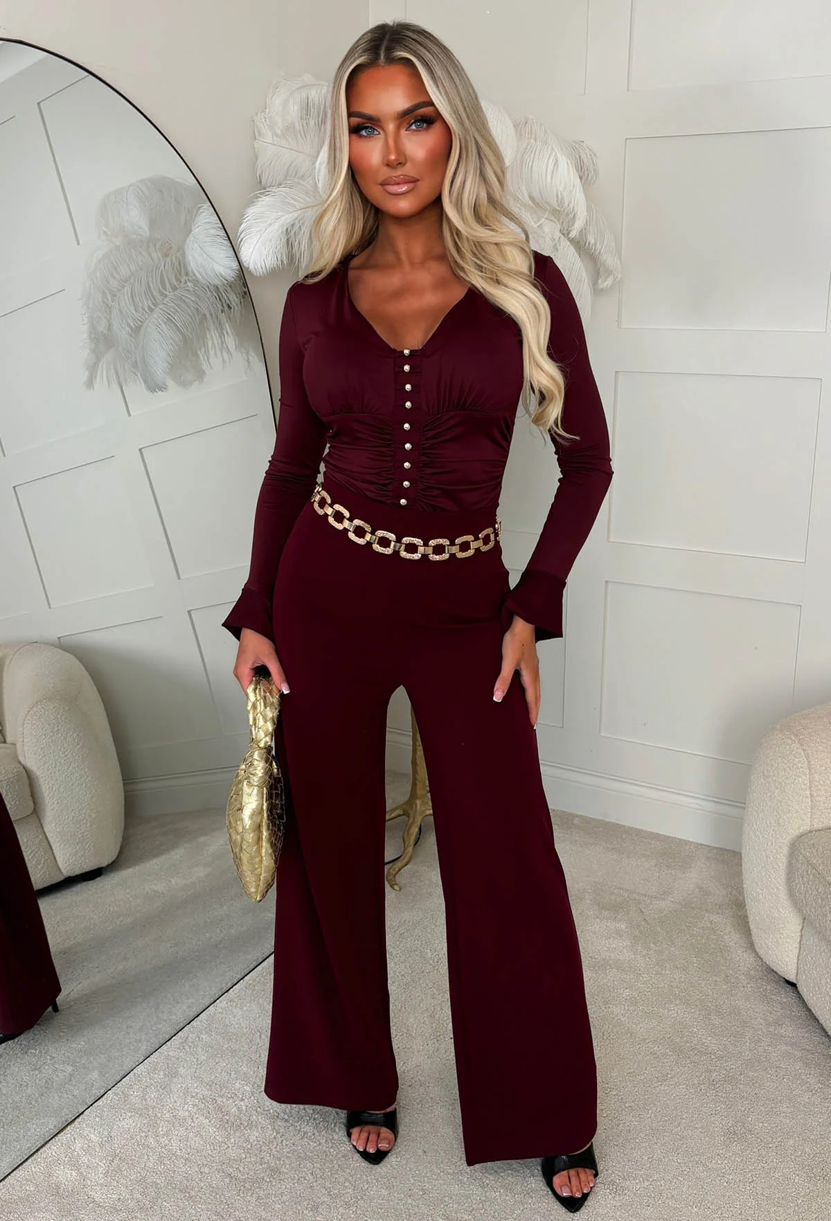 Luxe Lure Burgundy Ruched Stretch Bodysuit - Image 2