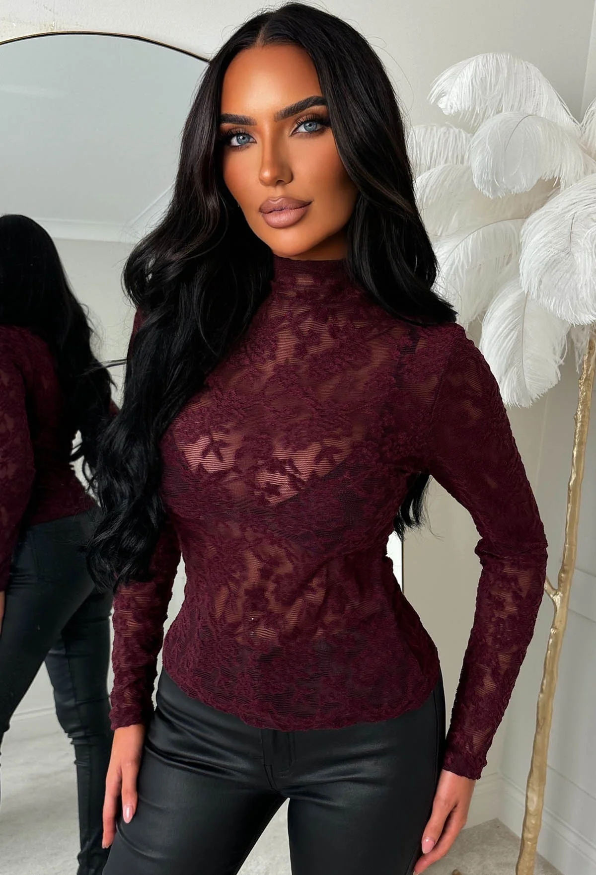 Luxe Vision Burgundy Sheer Lace Long Sleeve Top - Image 2