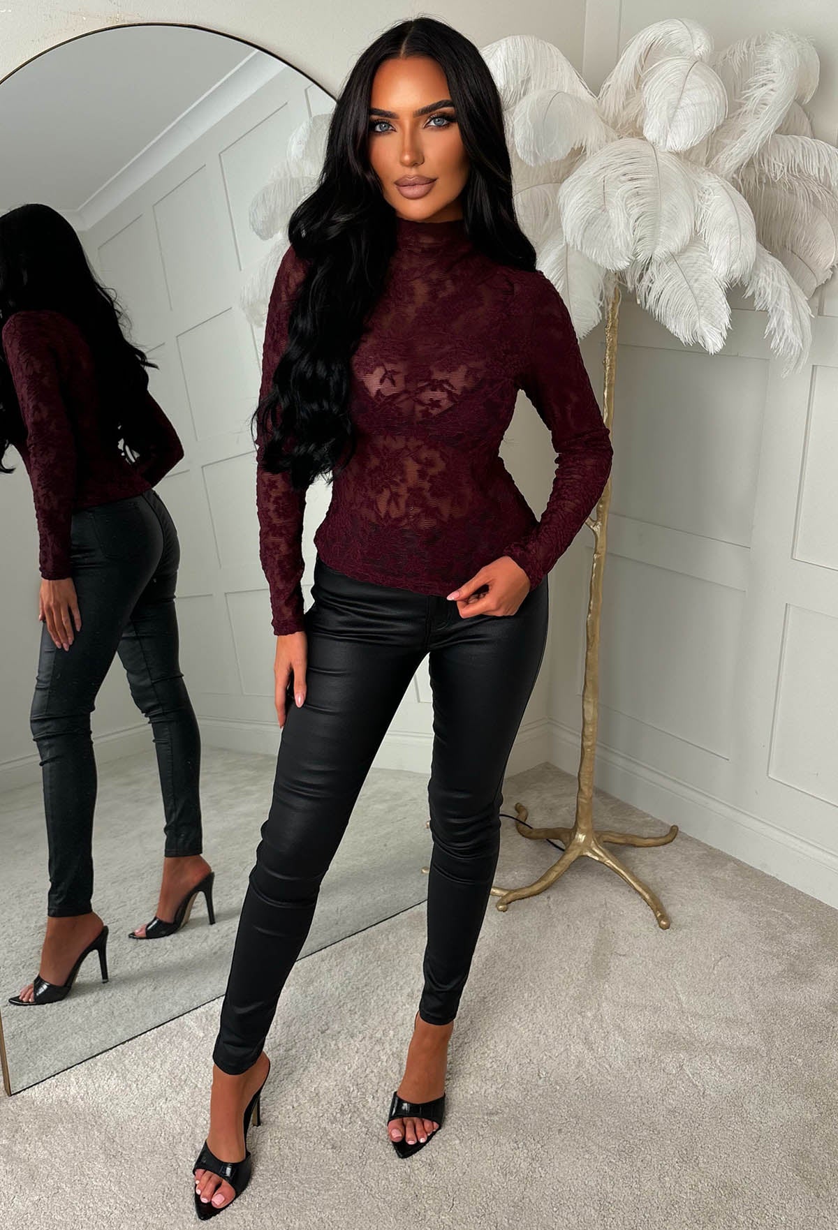 Luxe Vision Burgundy Sheer Lace Long Sleeve Top - Image 5