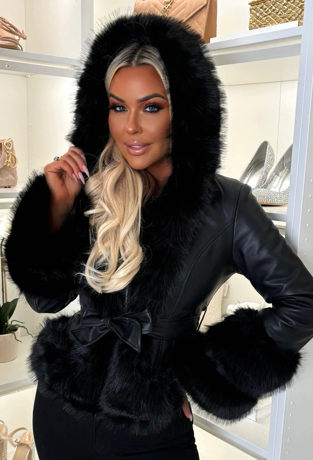 Luxury Escape Black Faux Leather Hooded Skater Belted Coat - Image 4