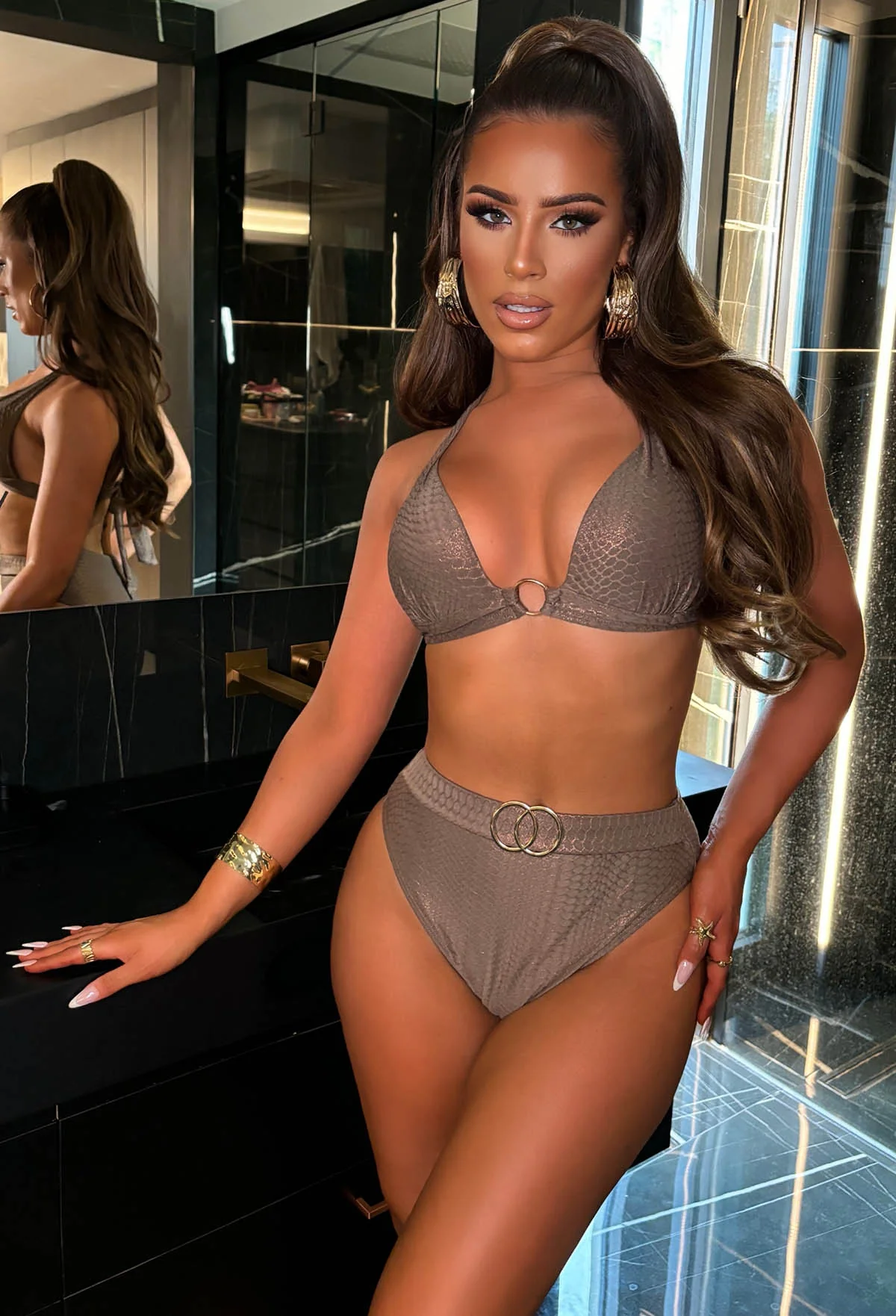 Madagascar Bronze Metallic Snake Gold Buckle High Waist Brief Bikini - Image 3