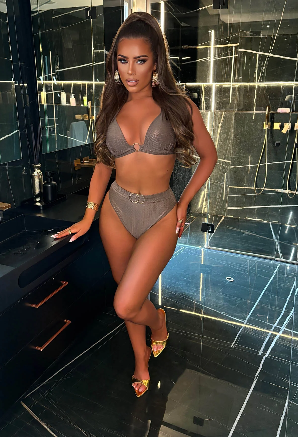Madagascar Bronze Metallic Snake Gold Buckle High Waist Brief Bikini - Image 4