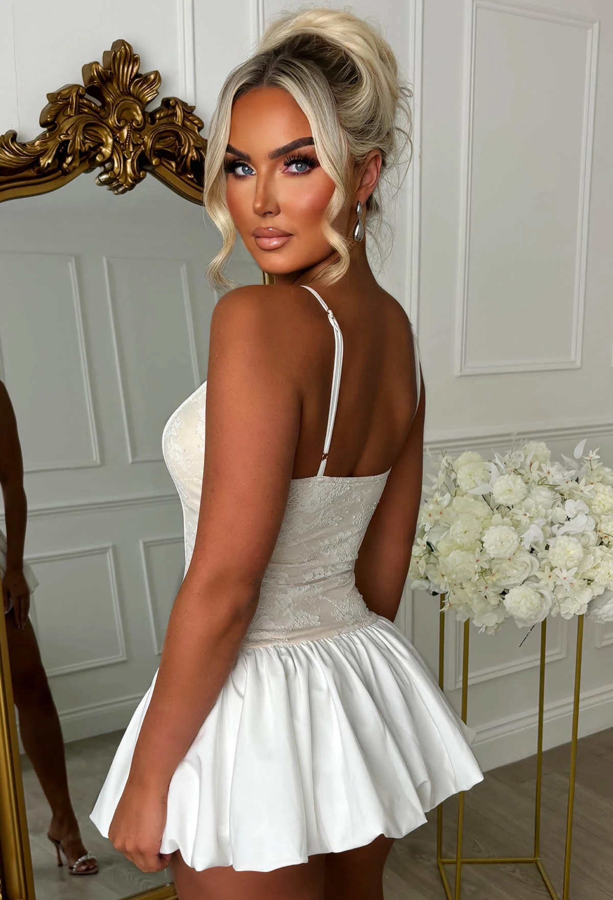 Malibu Muse Stone Lace Bodice Puffball Mini Dress - Image 3