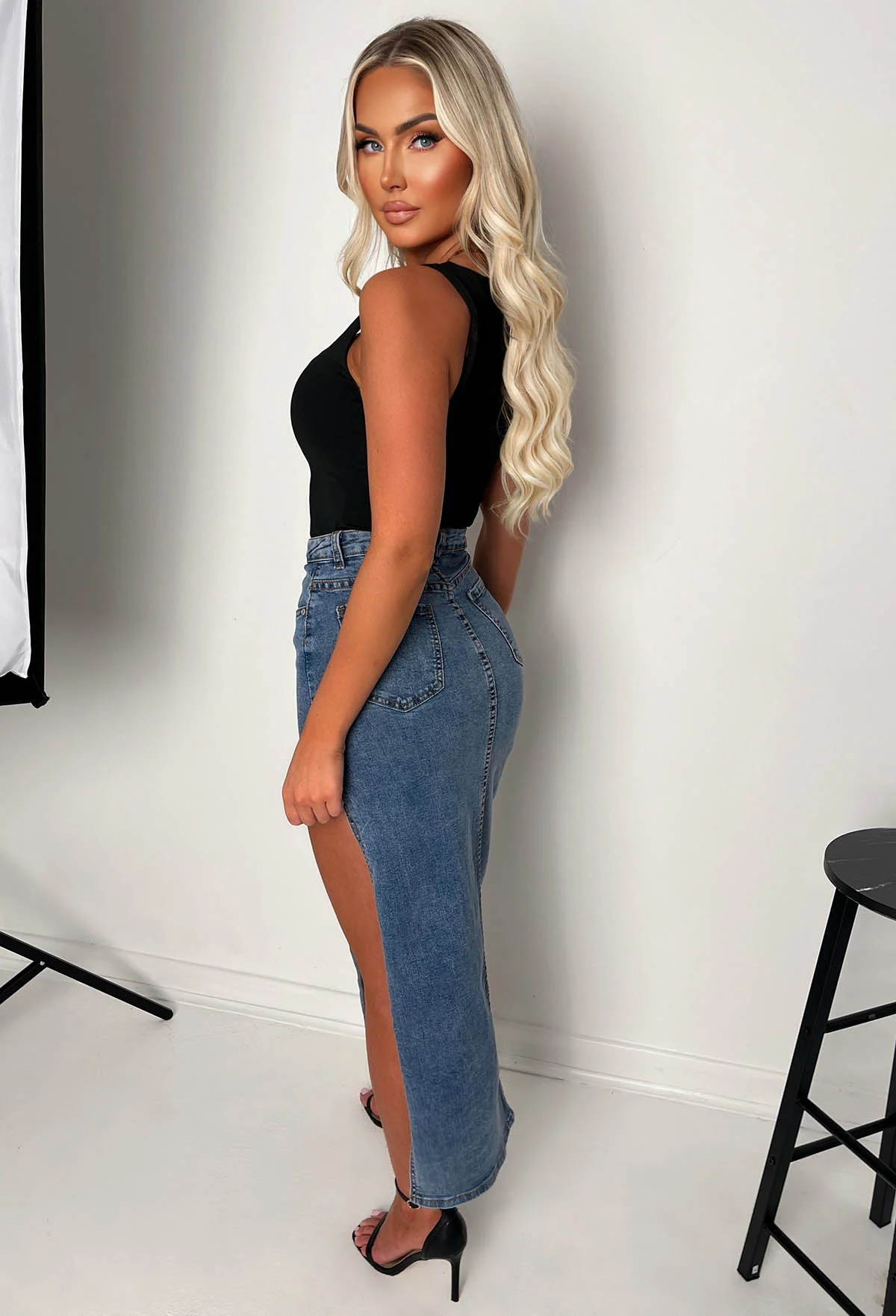 Maxed Out Mid Blue Stretch Denim Split Maxi Skirt - Image 3