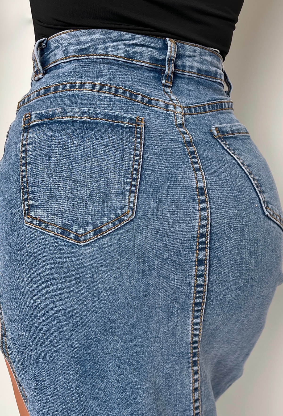 Maxed Out Mid Blue Stretch Denim Split Maxi Skirt - Image 6