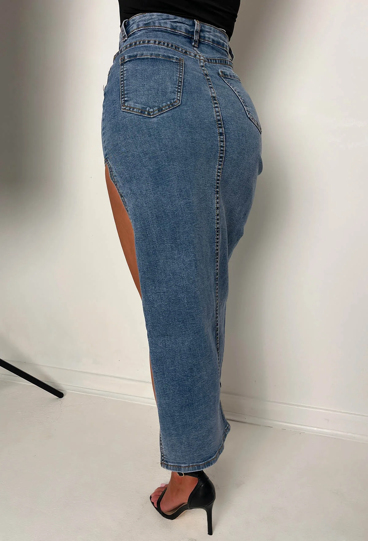Maxed Out Mid Blue Stretch Denim Split Maxi Skirt - Image 7