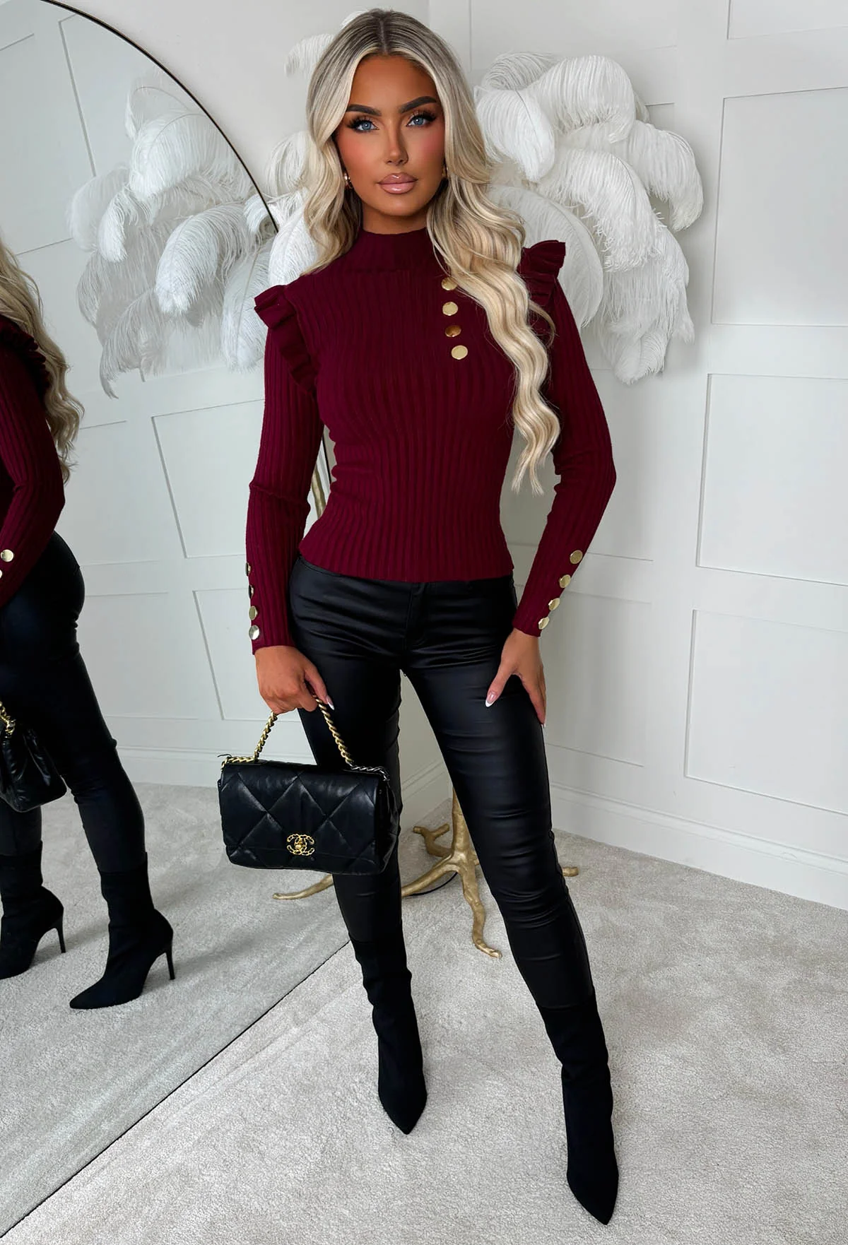 Meet Me Later Wine Frill Sleeve Gold Button Jumper - Image 3