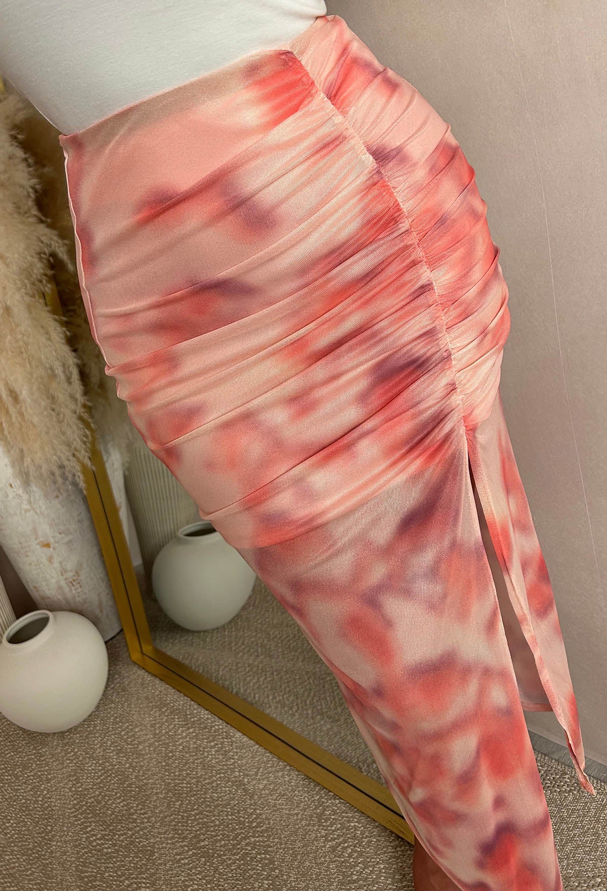 Miami Heat Pink Ruched Mesh Side Slit Skirt - Image 2