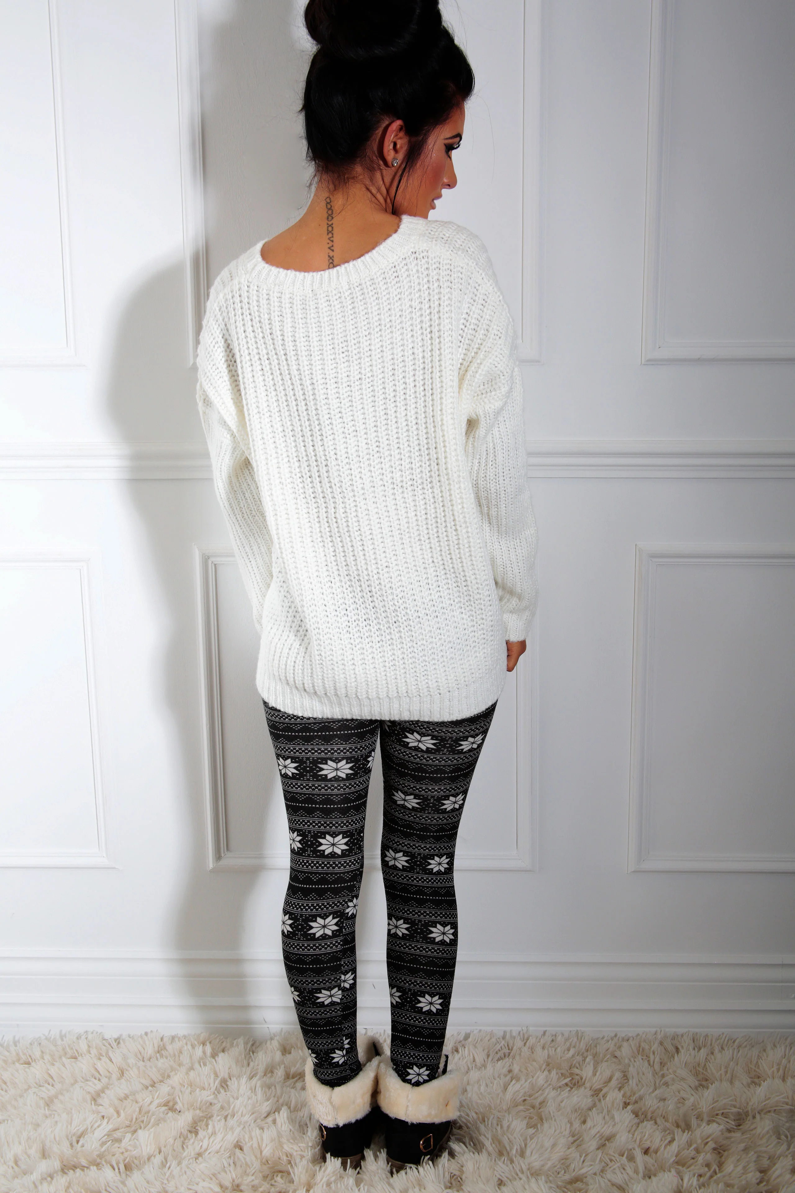 Midnight Black and White Fairisle Pattern Leggings - Image 2