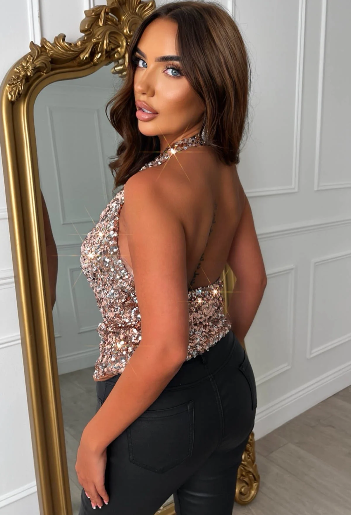 Midnight Drape Rose Gold Sequin Cowl Neck Top - Image 2
