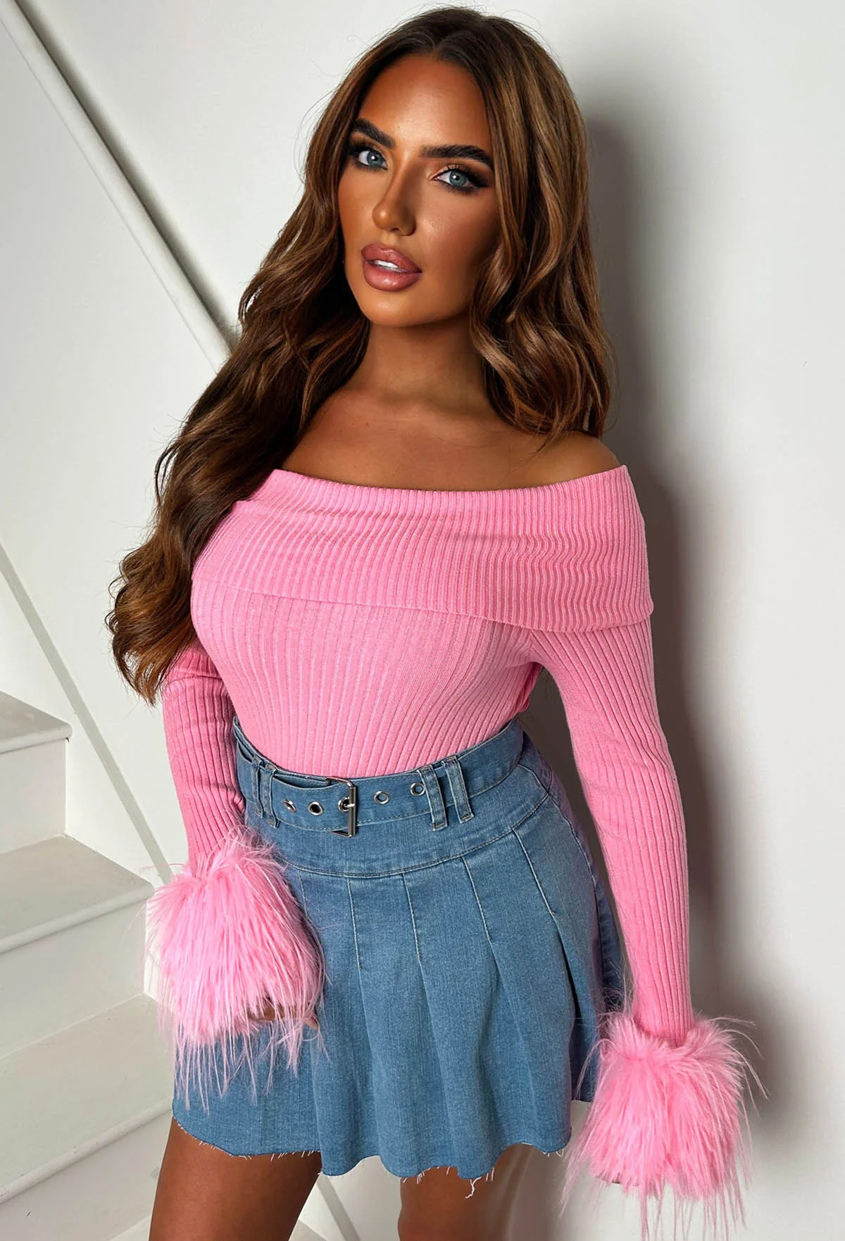 Midnight Muse Baby Pink Off The Shoulder Faux Fur Cuff Jumper - Image 3