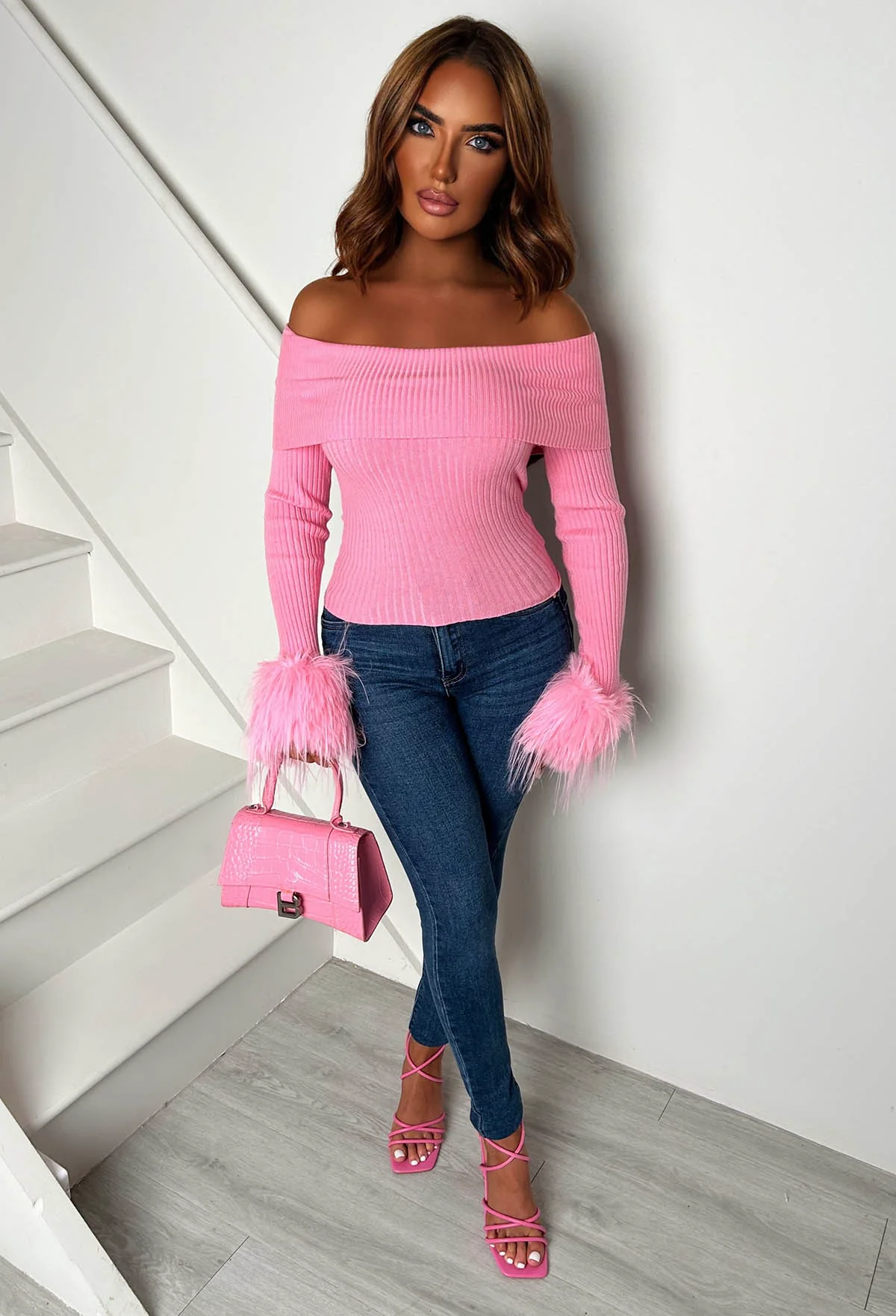 Midnight Muse Baby Pink Off The Shoulder Faux Fur Cuff Jumper - Image 6