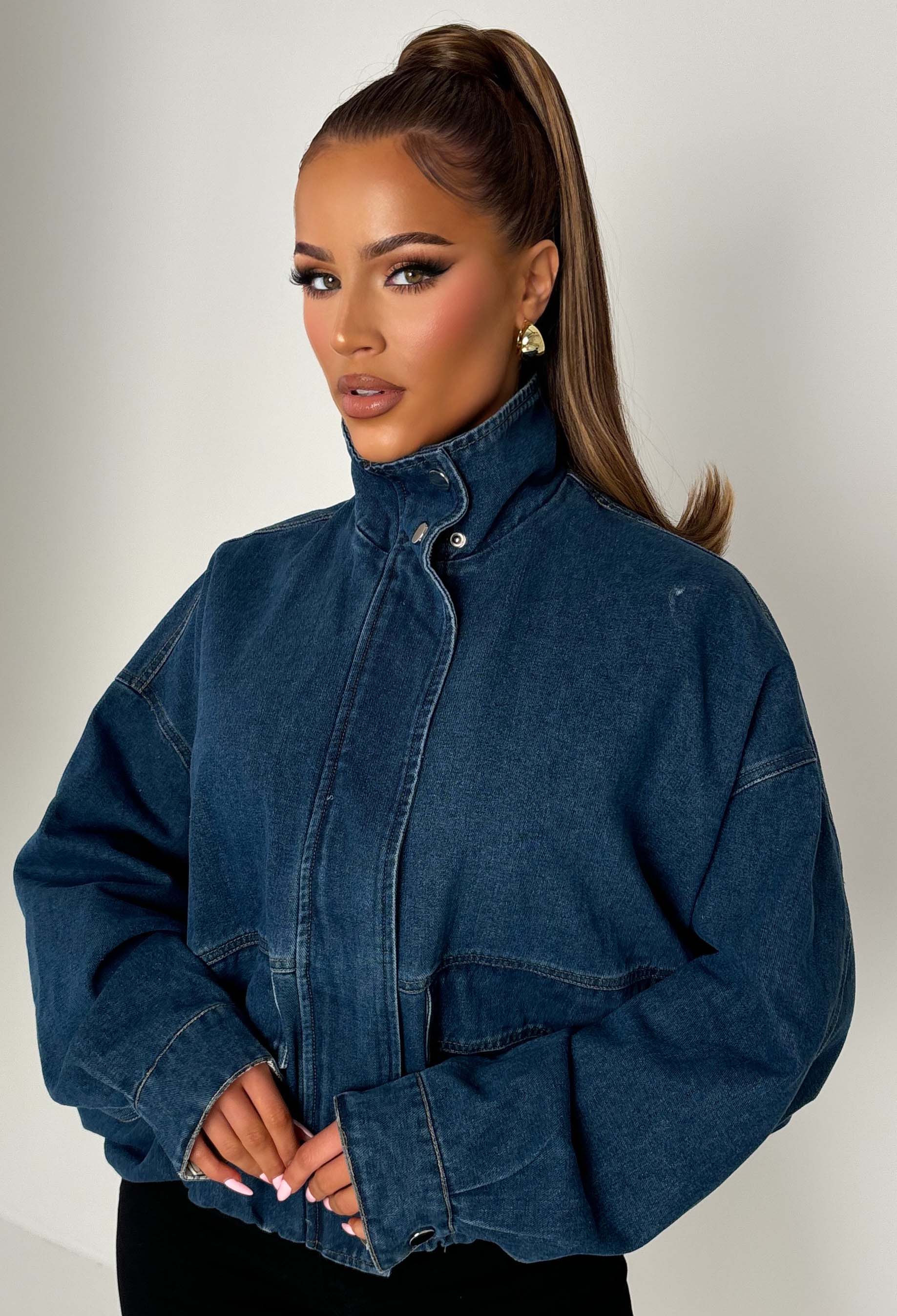 Millie Mid Blue Funnel Denim Jacket - Image 2