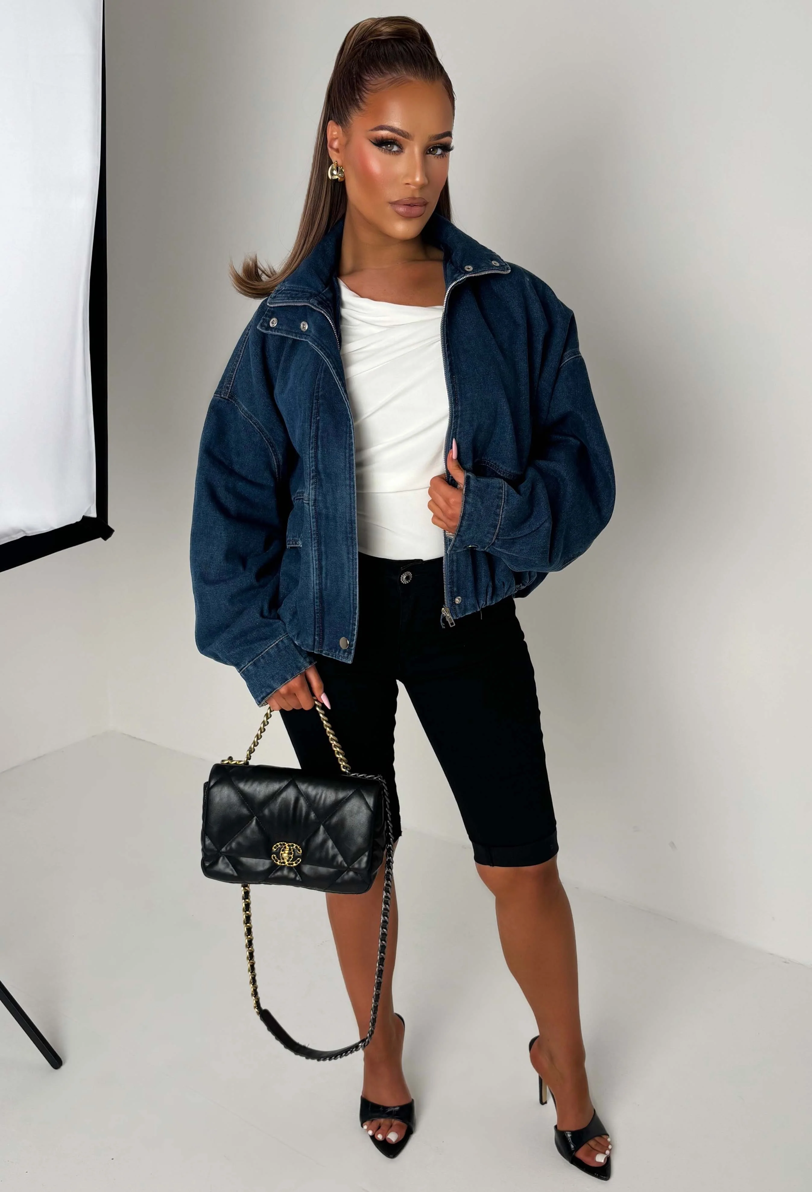 Millie Mid Blue Funnel Denim Jacket - Image 4