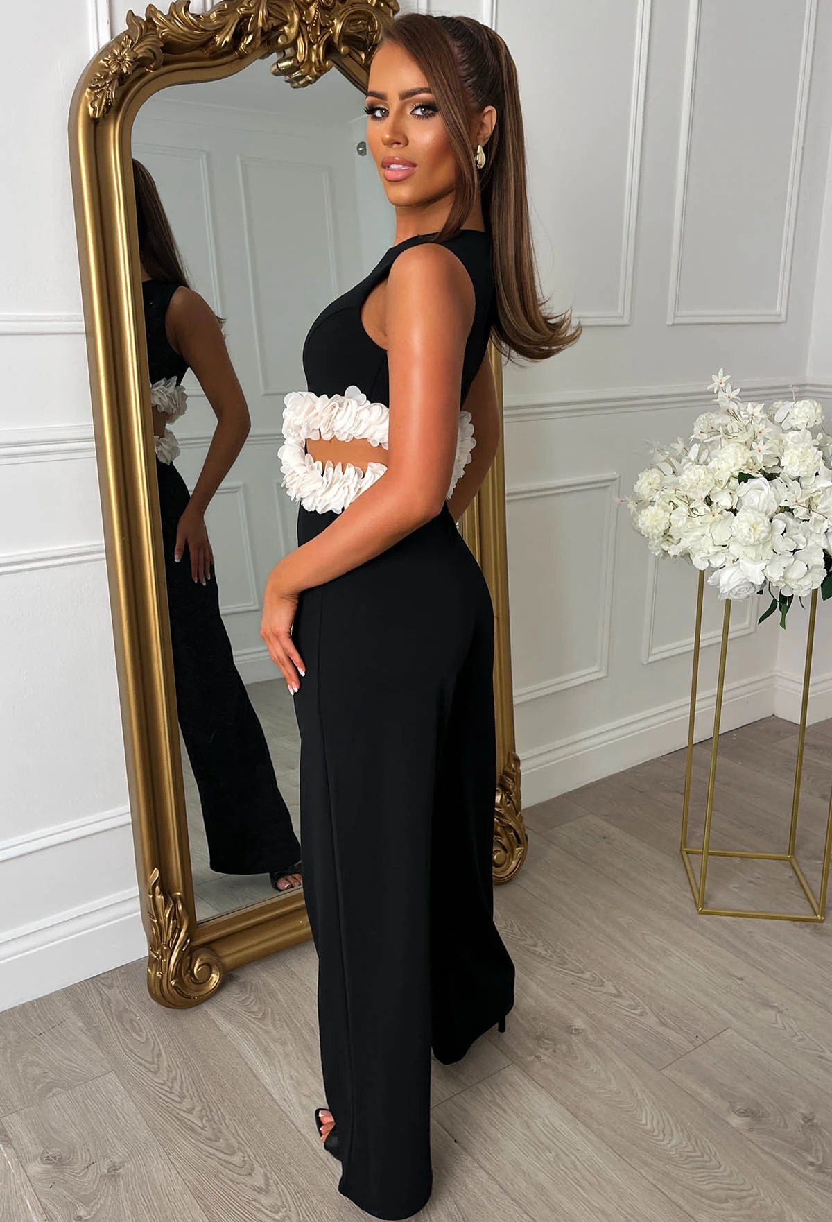 Millionaire Muse Black Side Cut Out Ruffle Trim Jumpsuit - Image 6