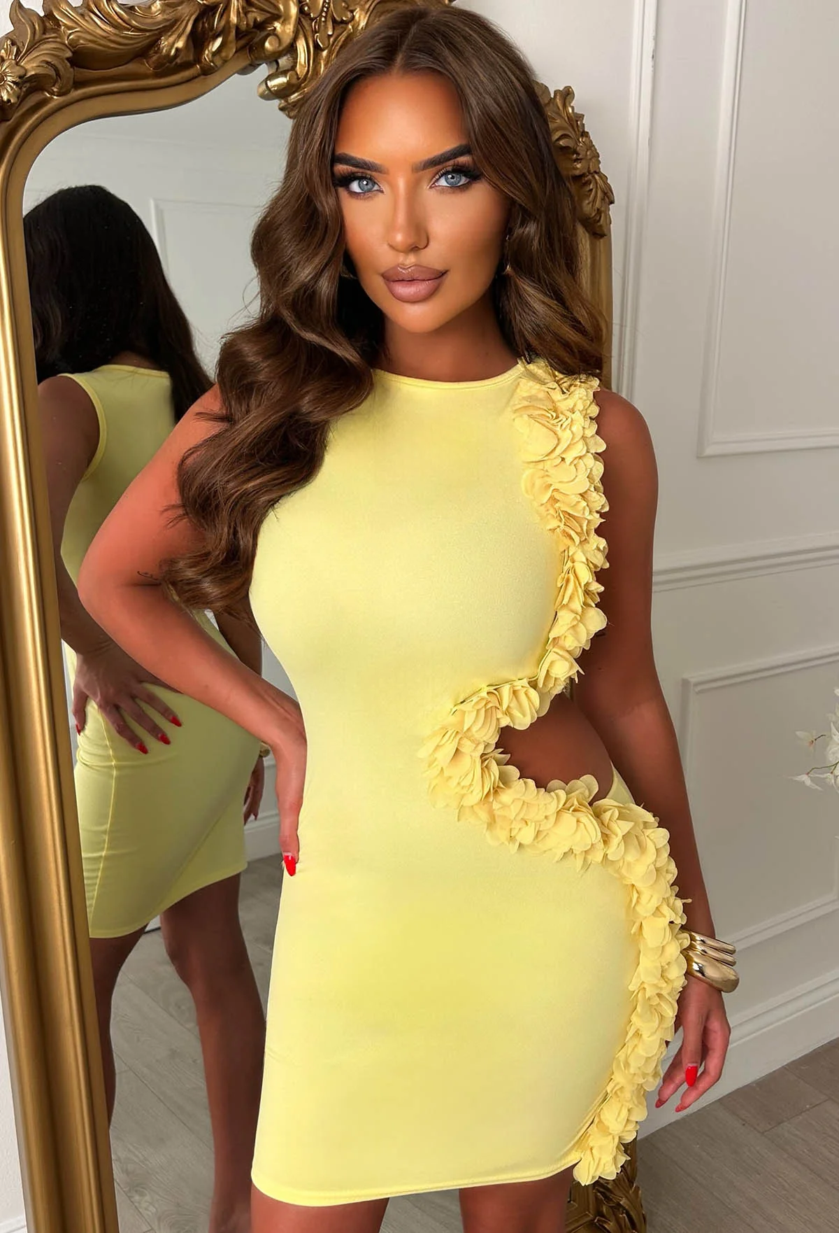Mini Minx Lemon Ruffle Detail Side Cut Out Mini Dress - Image 2