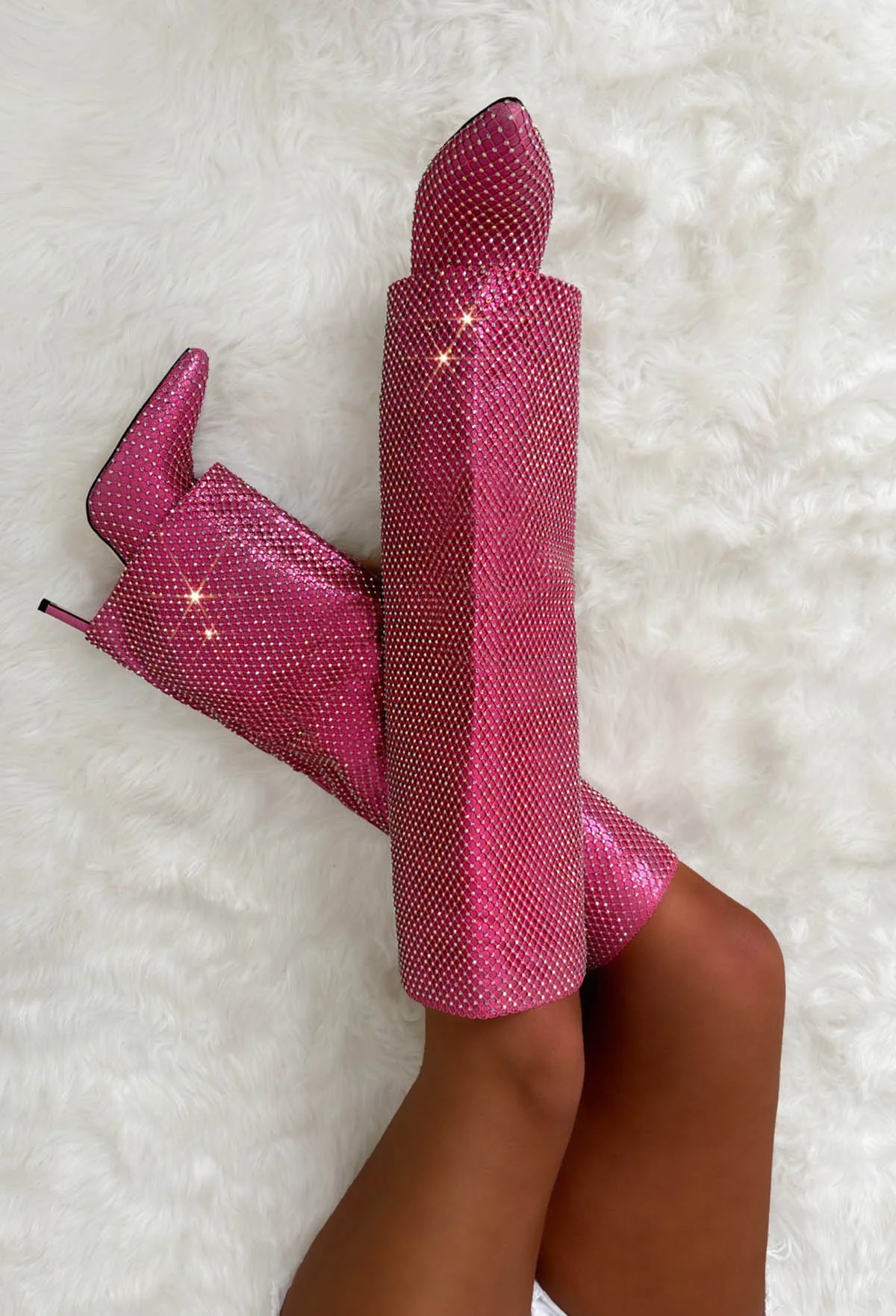 Miss Independent Pink Diamante Shark Heeled Boots - Image 2