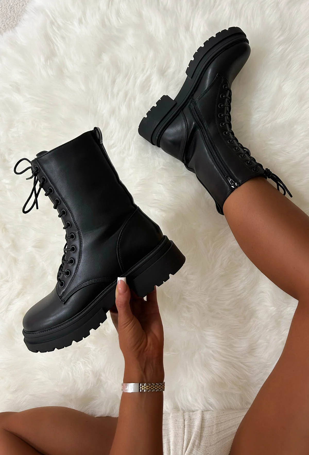Moves To Make Black Faux Leather Lace Up Biker Boots - Image 3