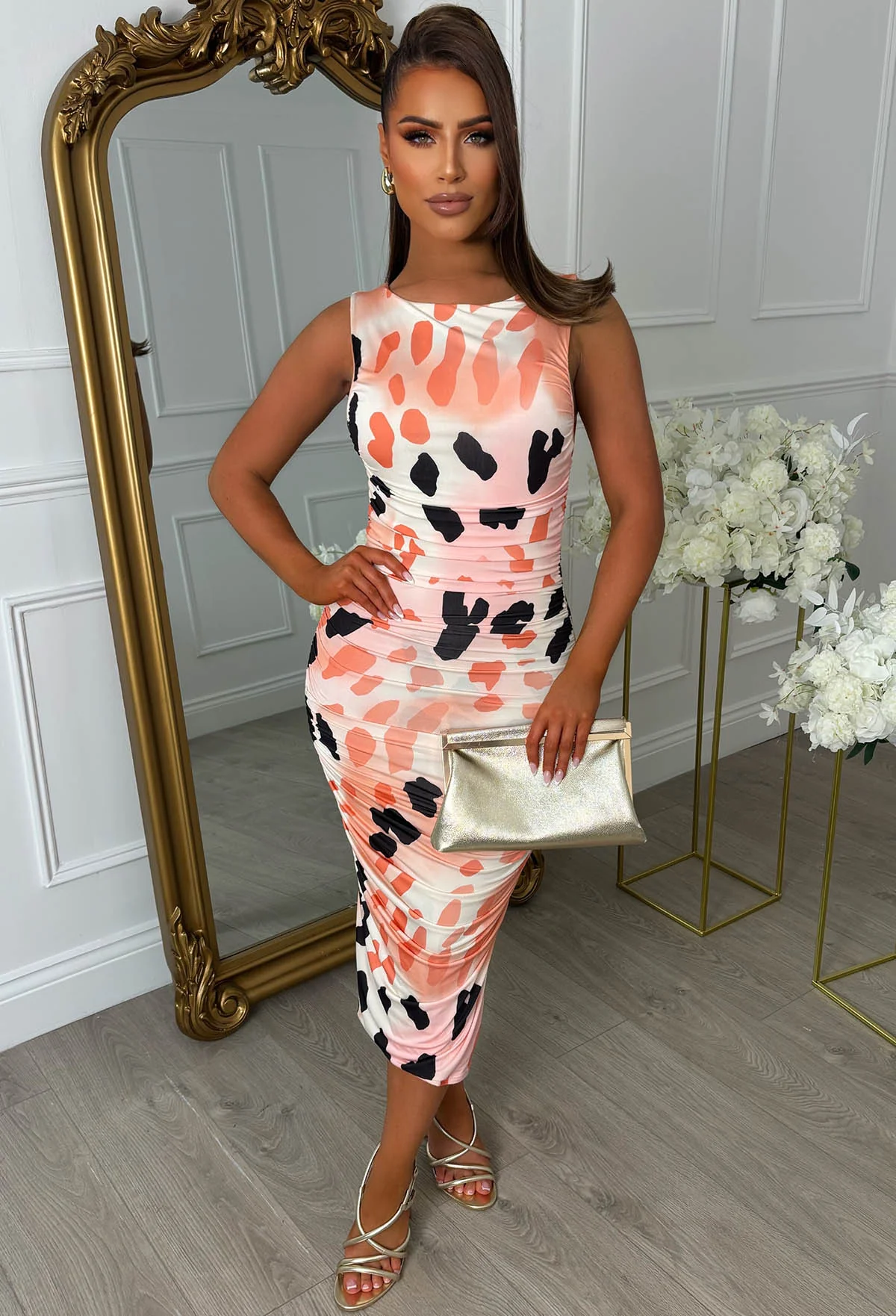 Mysterious Peach Coral Ruched Side Printed Dress