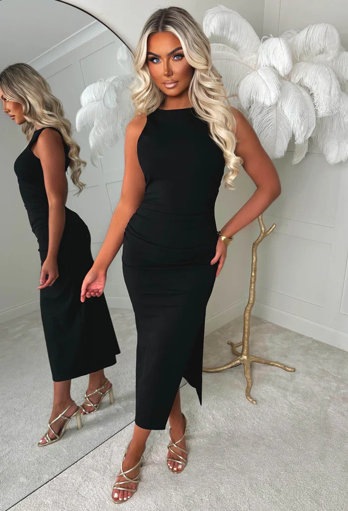 New Era Black Side Split Slash Neck Dress - Image 3