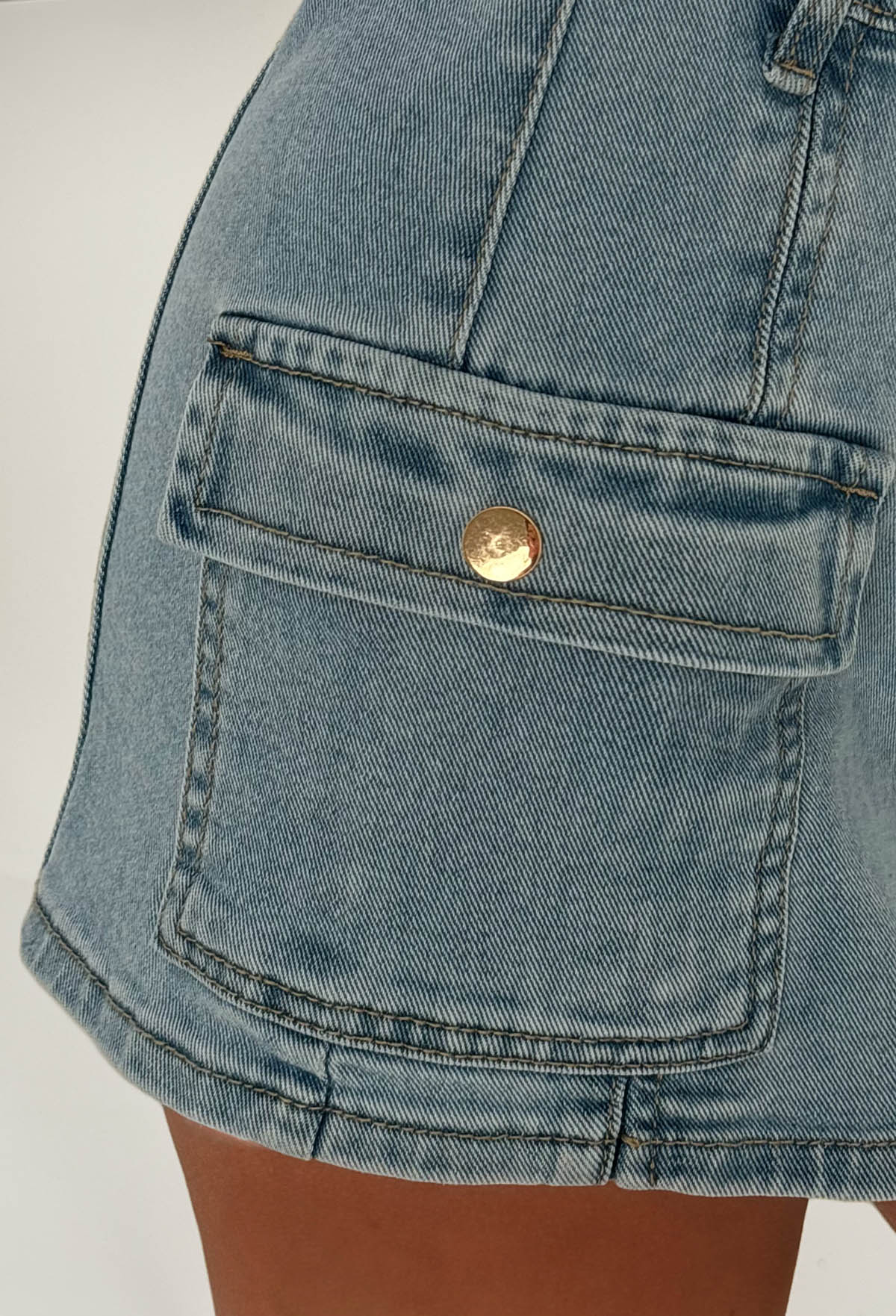 No Push Over Mid Blue Denim Stretch Wrap Over Cargo Skort - Image 2