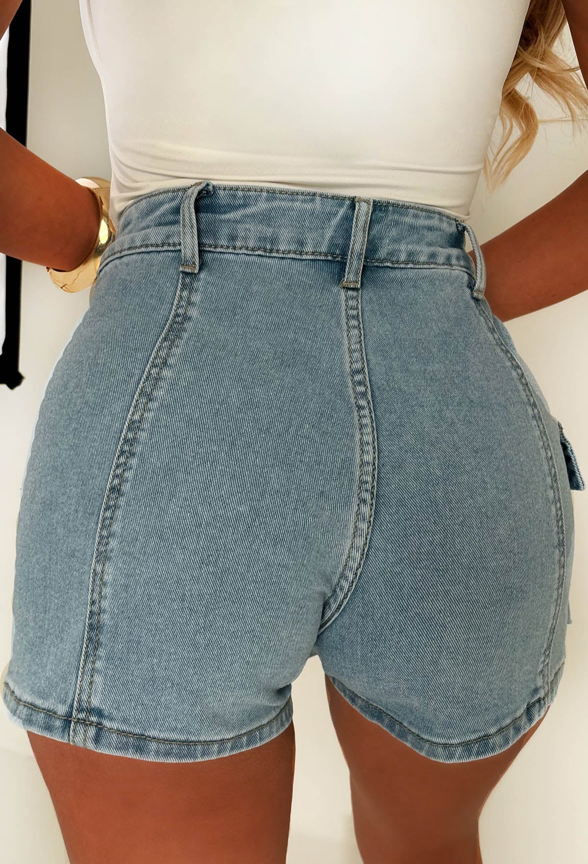 No Push Over Mid Blue Denim Stretch Wrap Over Cargo Skort - Image 3