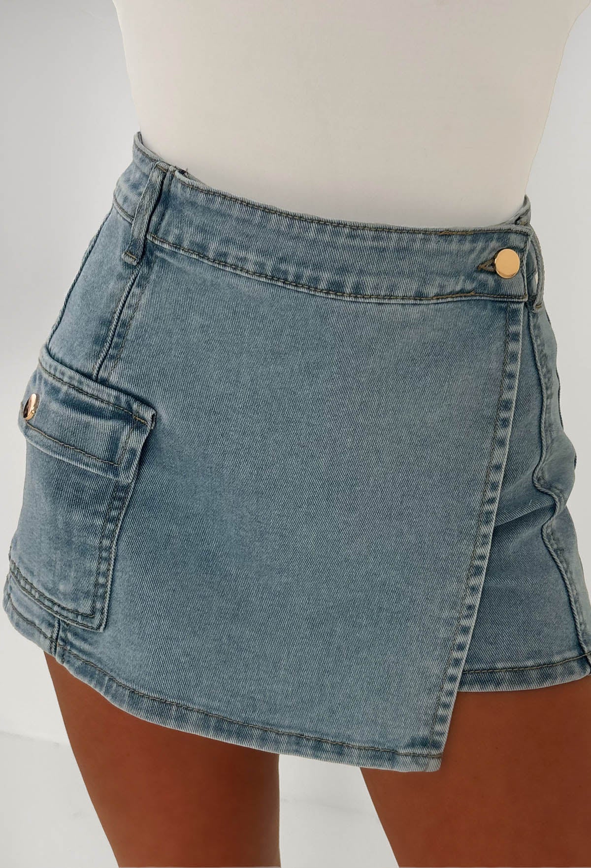 No Push Over Mid Blue Denim Stretch Wrap Over Cargo Skort - Image 4