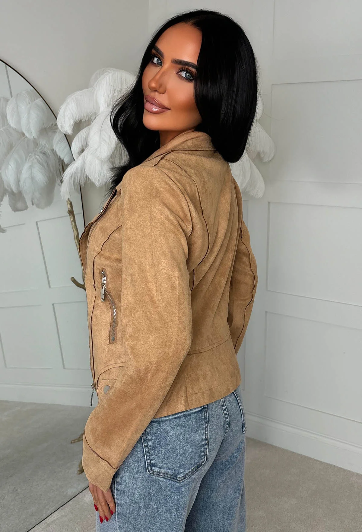 No Turning Back Beige Lightweight Faux Suede Biker Jacket - Image 2