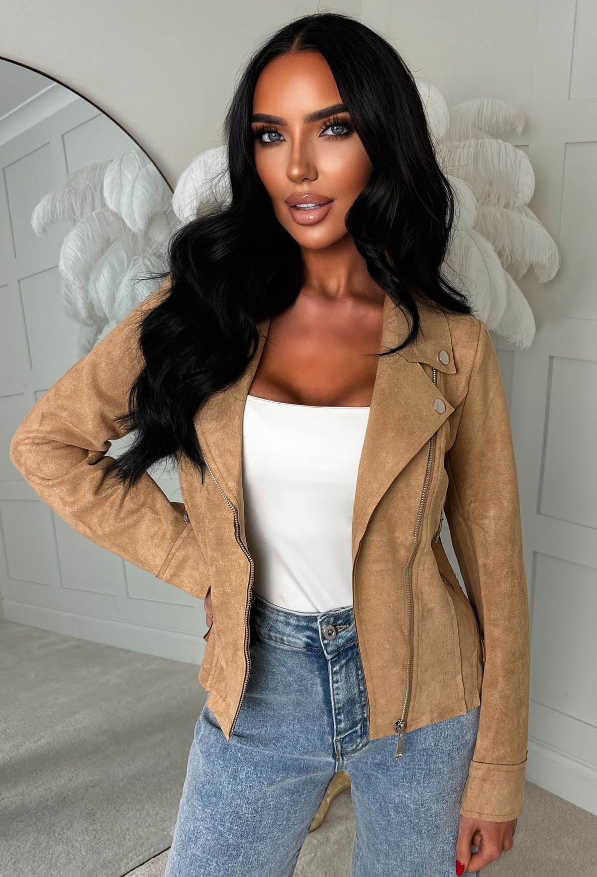 No Turning Back Beige Lightweight Faux Suede Biker Jacket - Image 3