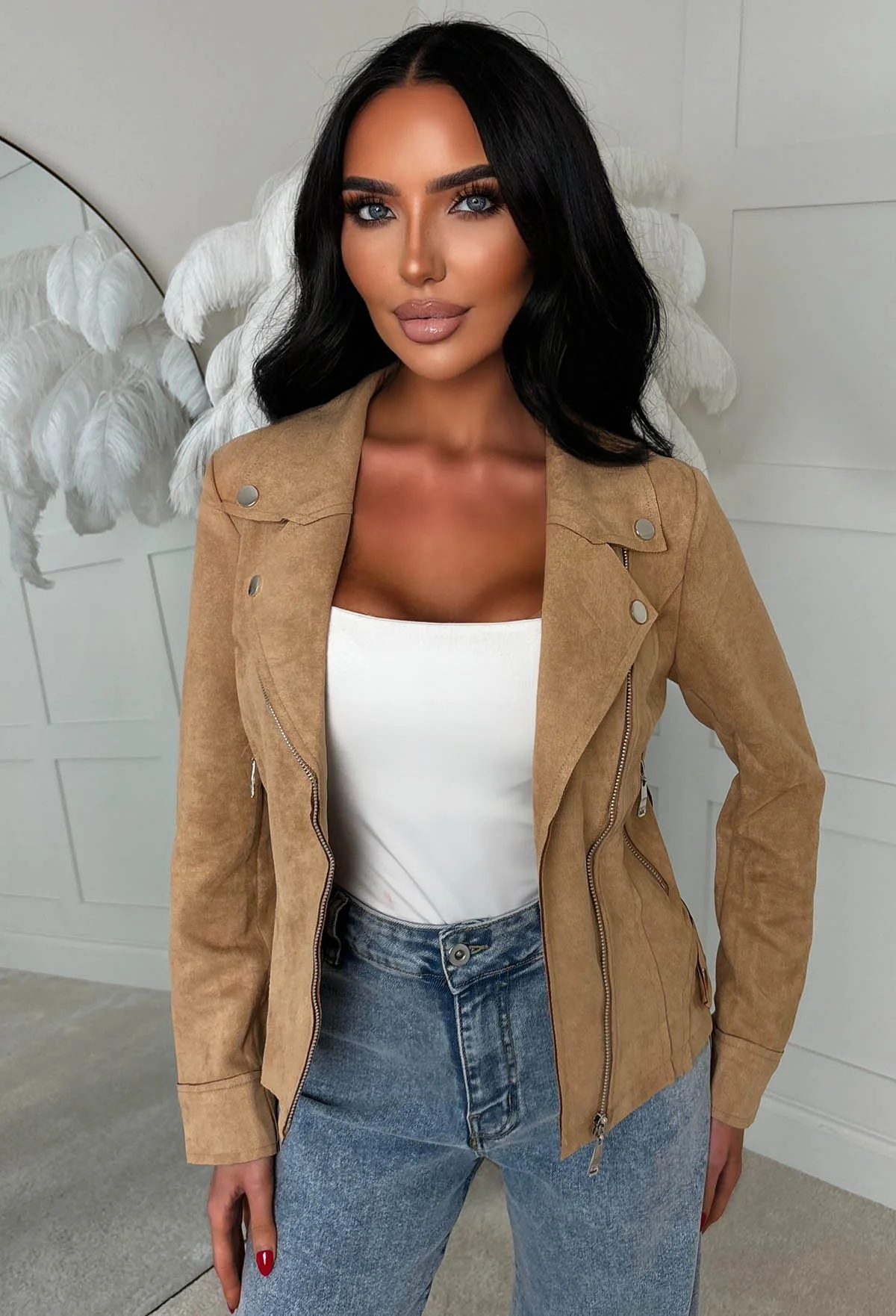No Turning Back Beige Lightweight Faux Suede Biker Jacket - Image 4