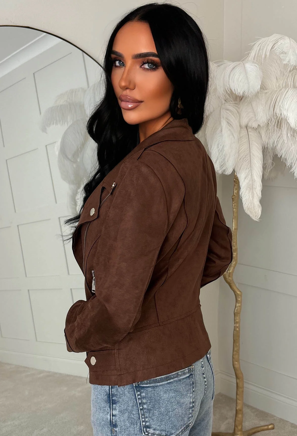 No Turning Back Chocolate Brown Lightweight Faux Suede Biker Jacket - Image 3