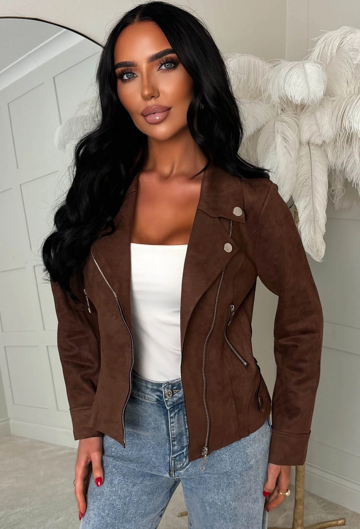 No Turning Back Chocolate Brown Lightweight Faux Suede Biker Jacket - Image 4