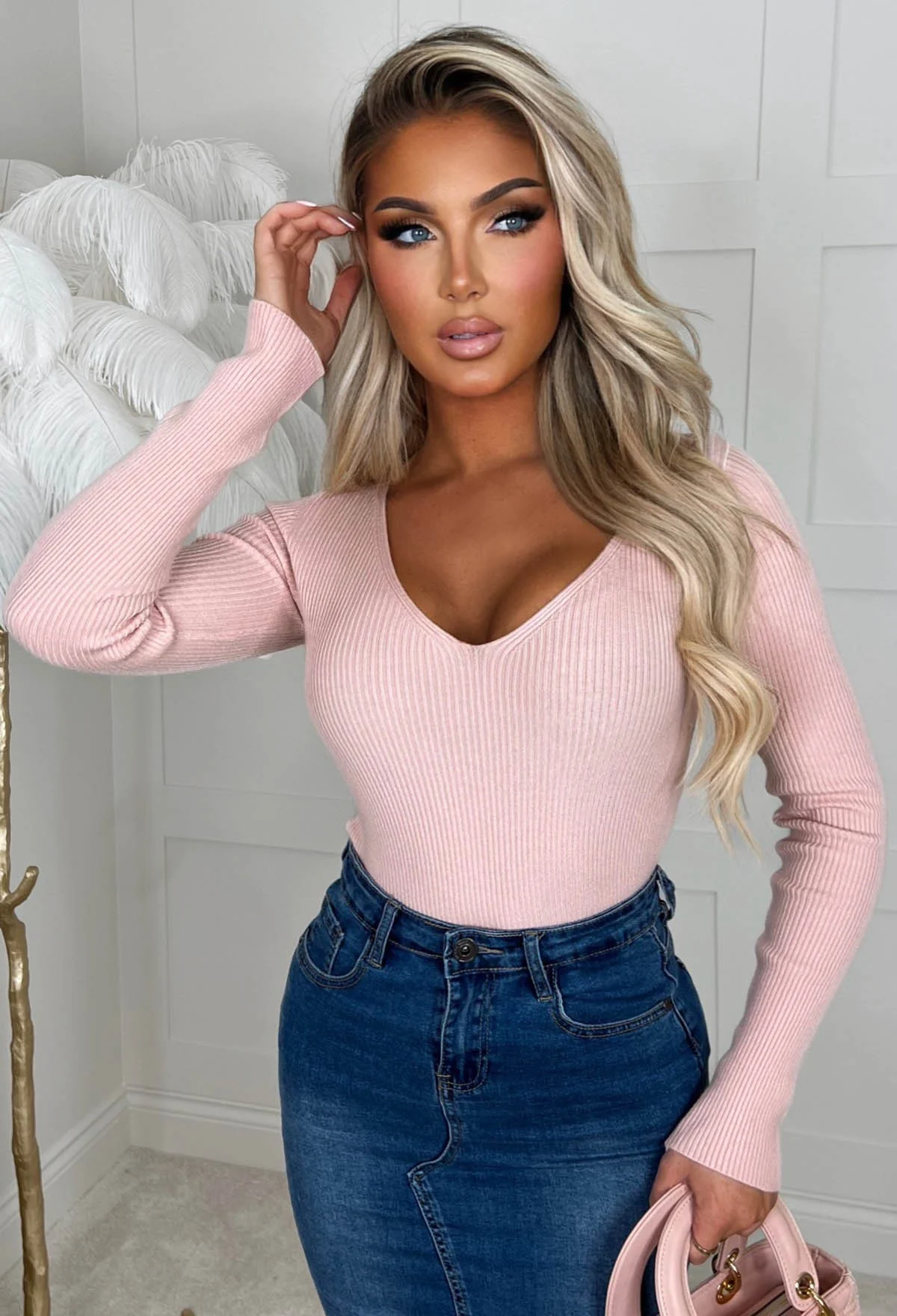 Not For You Blush Pink Knit V Neck Jumper - Image 3