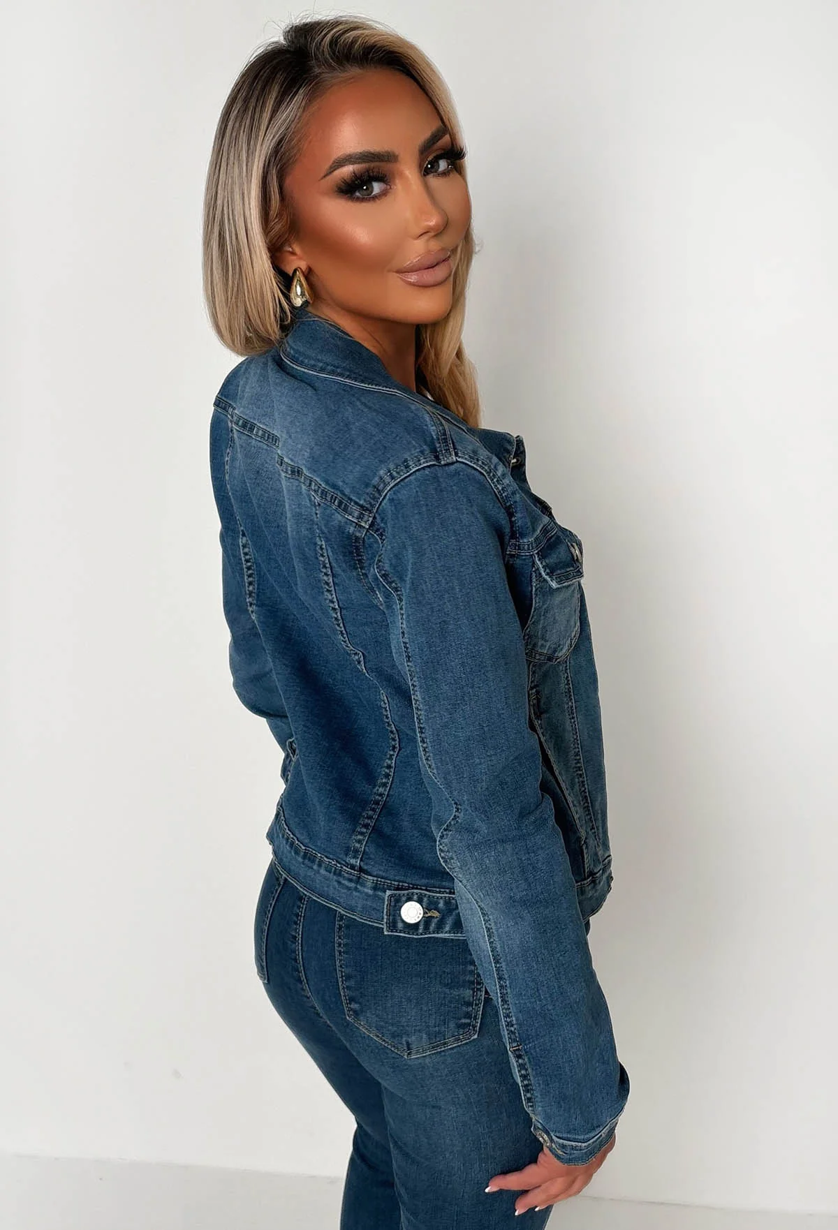 Not My Problem Mid Blue Stretch Fitted Denim Jacket - Image 2