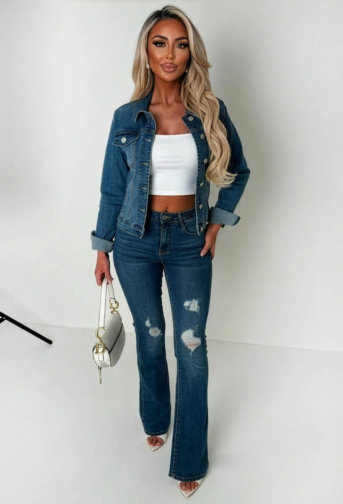 Not My Problem Mid Blue Stretch Fitted Denim Jacket - Image 3