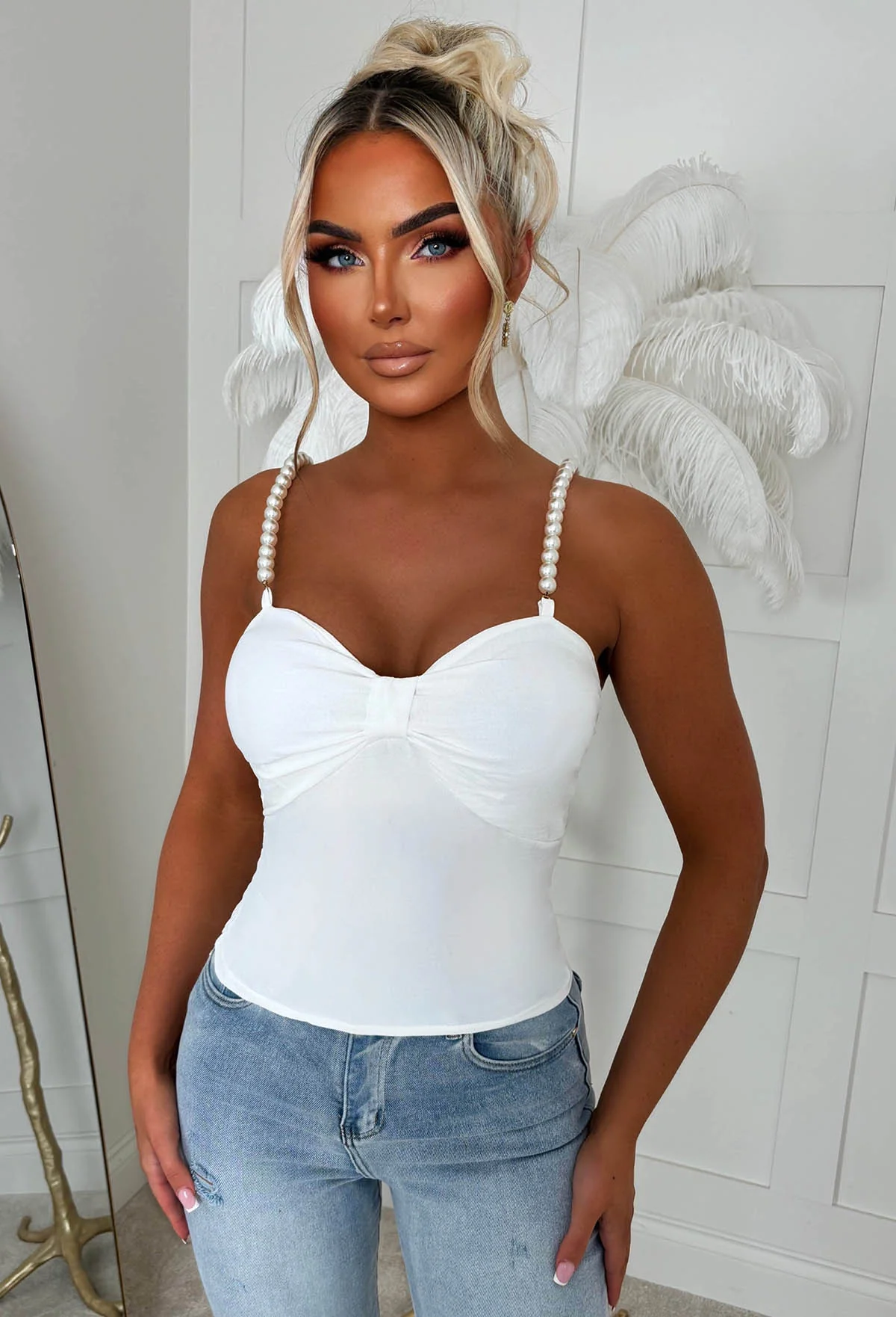 Not So Shy Cream Pearl Strap Bow Top - Image 4