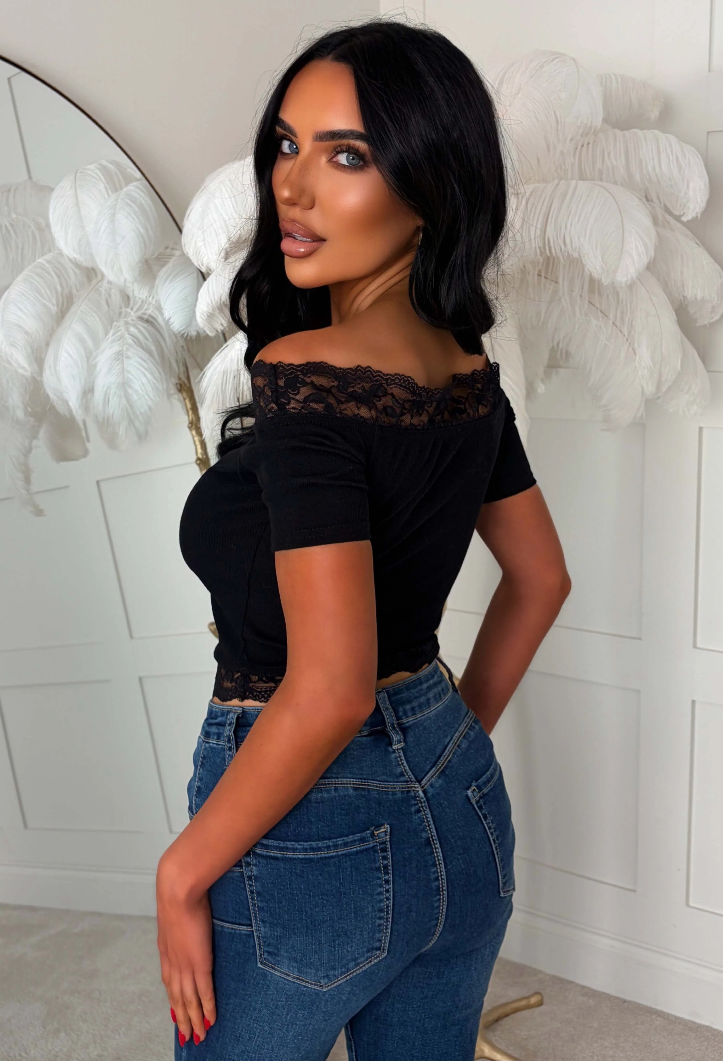 Now You're Gone Black Lace Trim Bardot T-shirt - Image 3