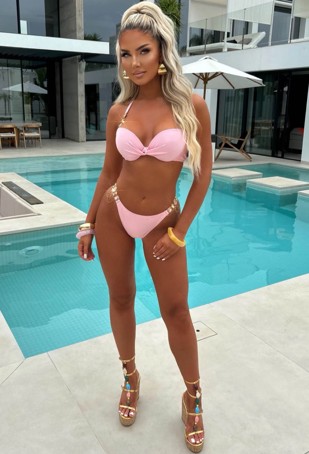 Ocean Obsession Baby Pink Ultra Embellished Push Up Knot Bikini - Image 4