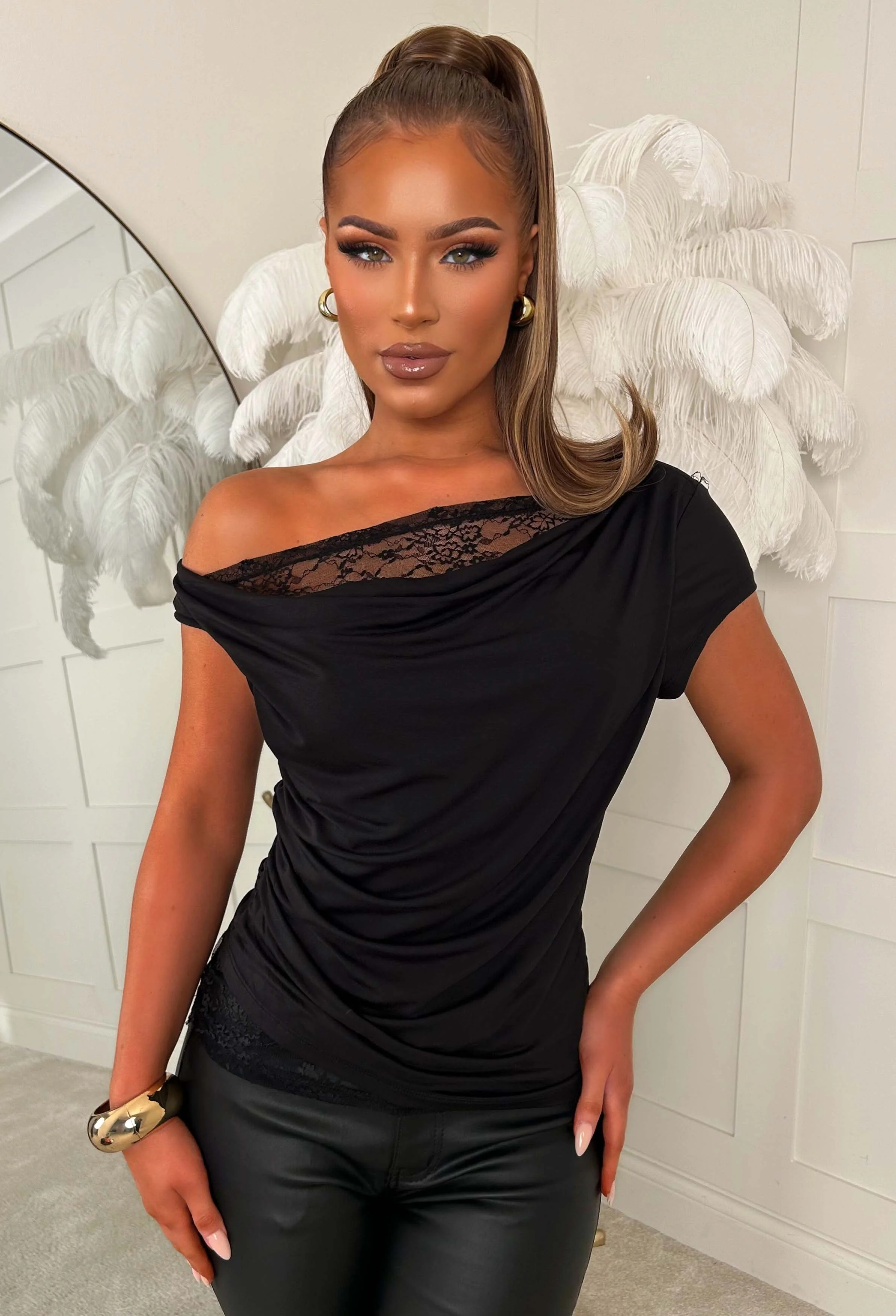Off-Duty Darling Black Jersey Lace Off Shoulder Top - Image 2