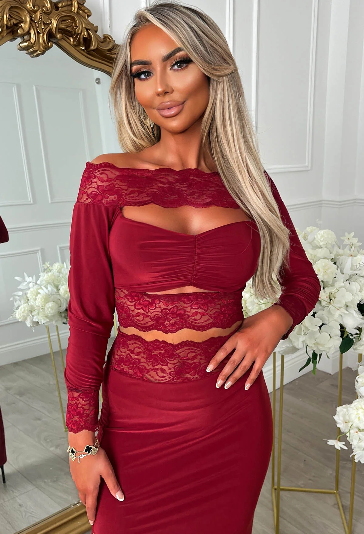 Oh, Honey Burgundy Plum Lace Trim Cut Out Slinky Maxi Skirt Co-Ord Set - Image 3