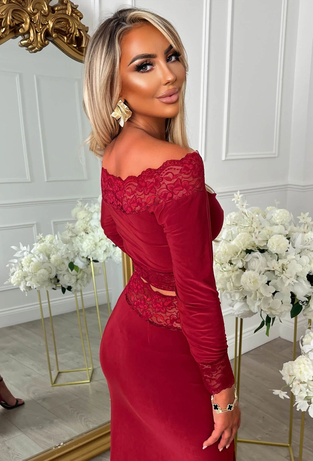 Oh, Honey Burgundy Plum Lace Trim Cut Out Slinky Maxi Skirt Co-Ord Set - Image 4