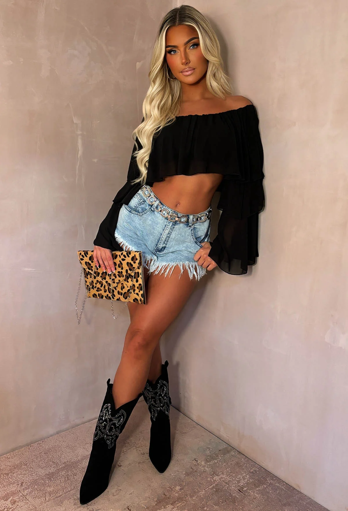 Oh My Love Black Bardot Ruffle Crop Top - Image 2