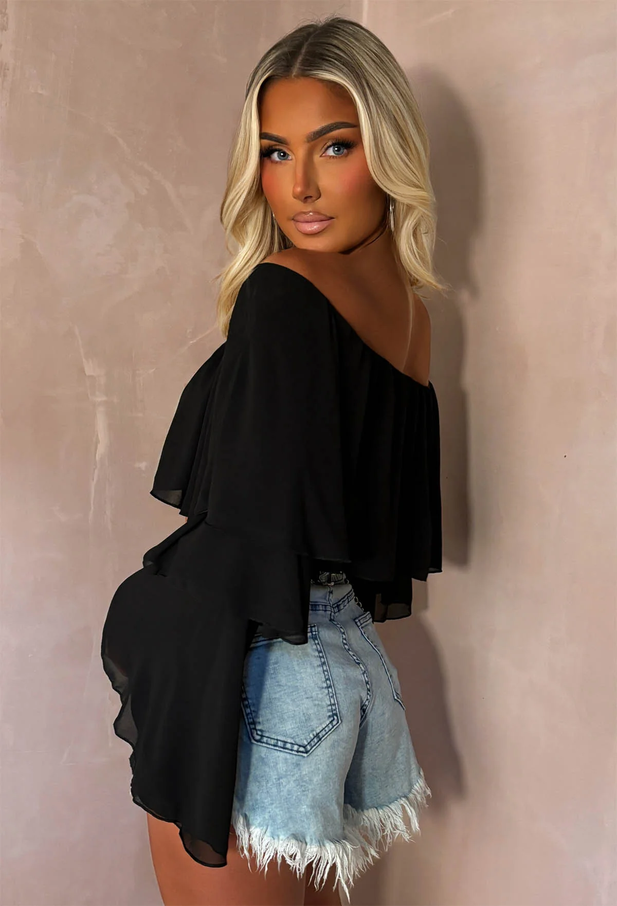 Oh My Love Black Bardot Ruffle Crop Top - Image 3