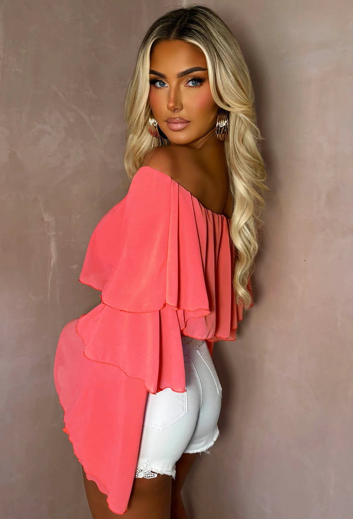 Oh My Love Coral Bardot Ruffle Crop Top - Image 2