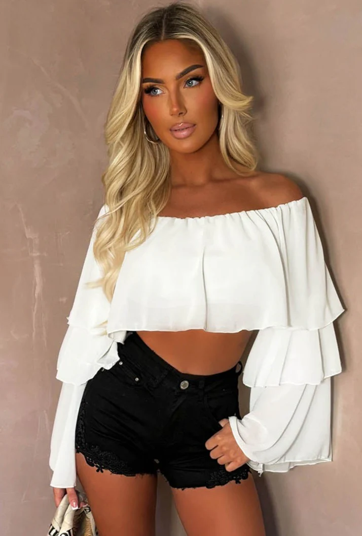 Oh My Love White Bardot Ruffle Crop Top