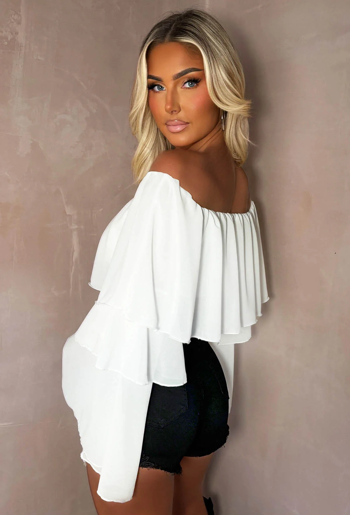 Oh My Love White Bardot Ruffle Crop Top - Image 2