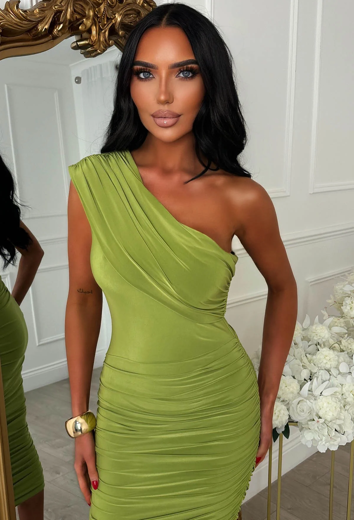 Oh So Effortless Lime One Shoulder Bardot Ruched Midi Dress - Image 3