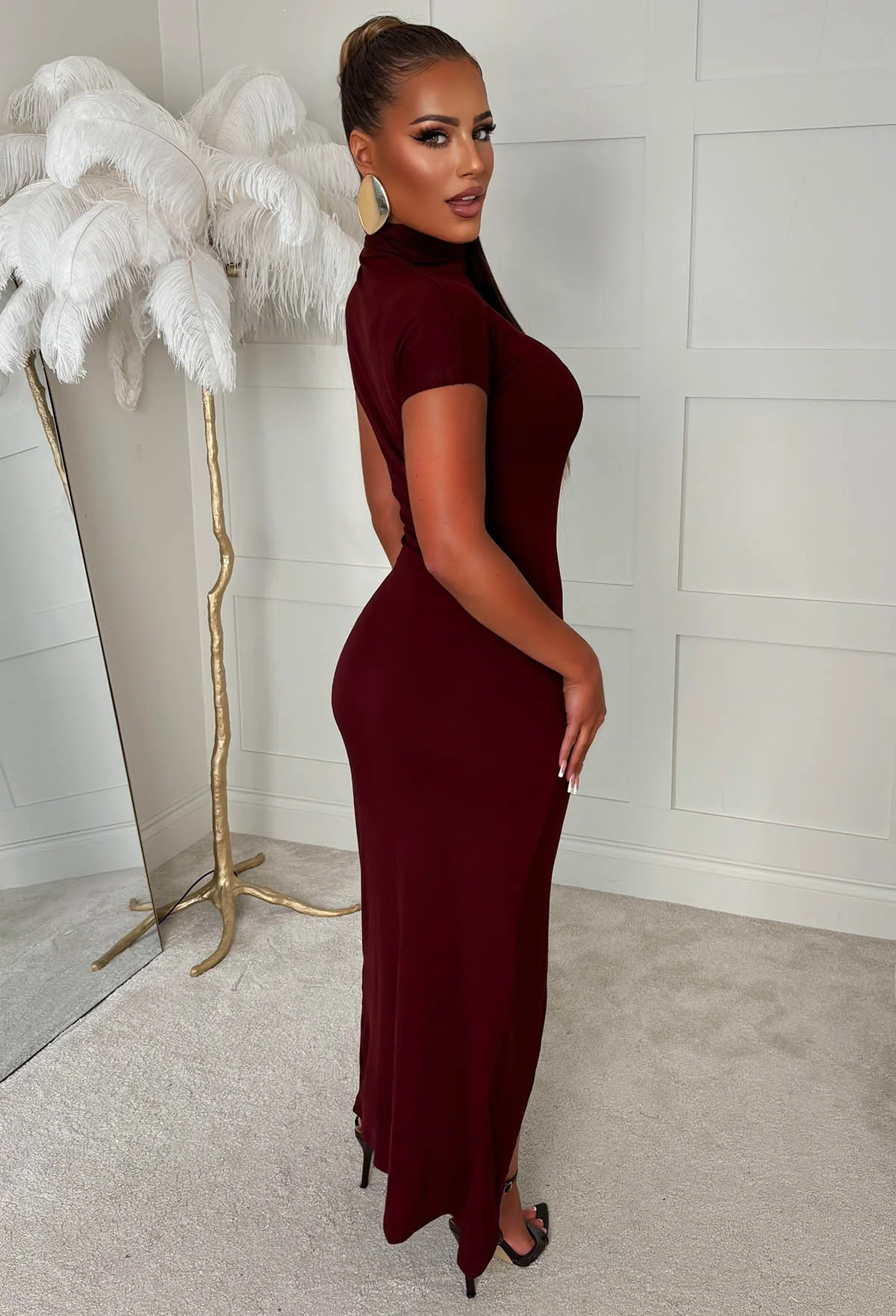 Oh So Sweet Burgundy High Neck Ruched Split Front Maxi Dress - Image 3